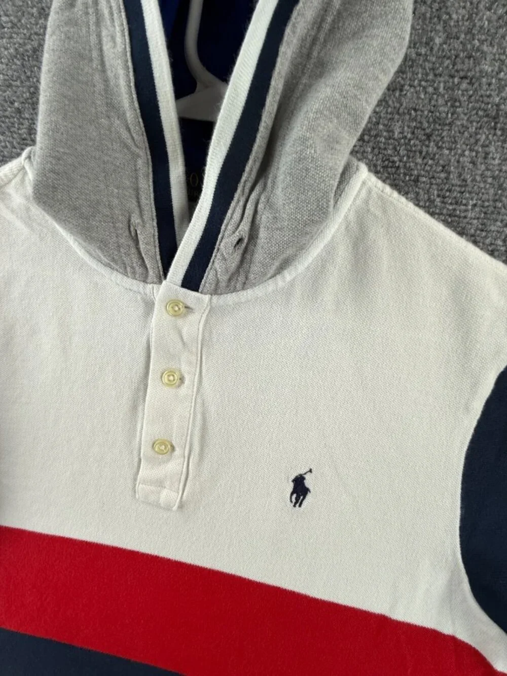 Polo Ralph Lauren Small Hooded Striped Red White Blue Polo Shirt Knit Mesh